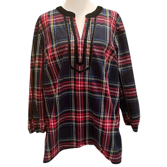 Talbots Tops - Talbots Velvet Trim Top Red Plaid Long Sleeve Split Neck Womens XL Christmas